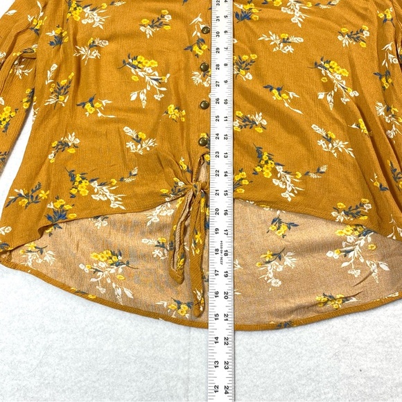 Jolt Women's Blouse L Mustard Yellow Hi Low Floral Vneck Front Tie Long Sleeve - Picture 12 of 14